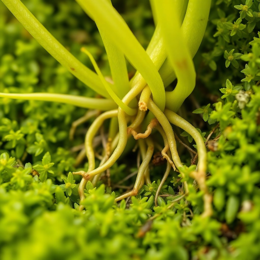 Detailed close-up of orchid roots in sphagnum moss, healthy green roots, natural texture, soft botanical illustration style, bright lighting, high quality